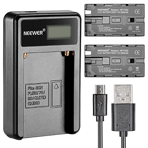Neewer® Cargador de batería Micro USB + 2 baterías de Repuesto de 2600 mAh NP-F550/570/530 para Sony HandyCams, Neewer Nanguang CN-160, CN-216, CN-126 LED Light, Polaroid On-Camera Video Lights