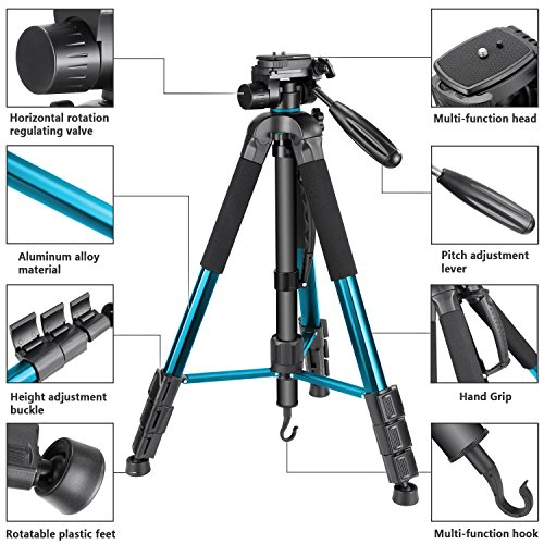 Neewer Trípode Portátil Aleación de Aluminio 177cm para Cámara Monopié con Cabezal Giratorio de 3 Vías Bolsa para Cámara DSLR Videocámara de DV Carga hasta 4 kg Azul (SAB264)