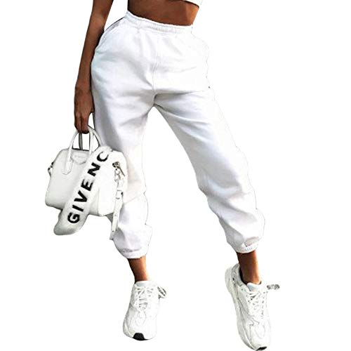 Nensiche Pantalones deportivos deportivos para mujer, de felpa, color sólido, cintura alta, pantalones de yoga, con bolsillos para entrenamiento, correr