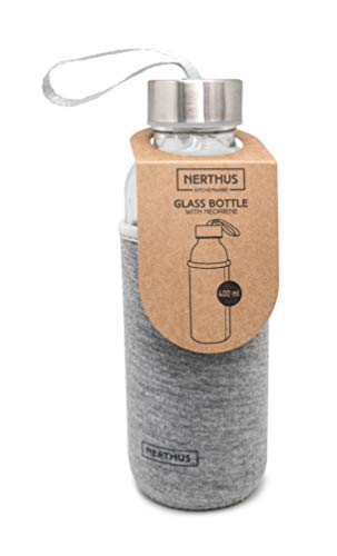 Nerthus FIH 649 Botella Cristal Gris 400 ml, Funda de Neopreno, Vidrio Nerthus FIH 649 Botella Cristal Gris 400 ml, Funda de Neopreno, Vidrio