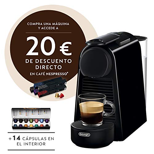 Nespresso De'Longhi Essenza Mini EN85.B - Cafetera monodosis de cápsulas Nespresso, compacta, 19 bares, apagado automático, color negro, Incluye pack de bienvenida con 14 cápsulas