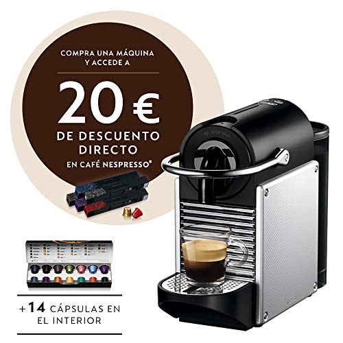 Nespresso De'Longhi Pixie EN124.S Cafetera monodosis cápsulas, 19 Bares, depósito Agua 0.7 L, Apagado automático, Plata, Incluye pack de bienvenida con 14 cápsulas
