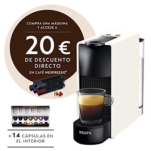 Nespresso Krups Essenza Mini XN1101 - Cafetera monodosis de cápsulas Nespresso, compacta, 19 bares, apagado automático, color blanco (Pack Cápsulas bienvenida incluido)