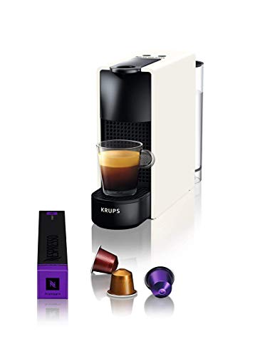 Nespresso Krups Essenza Mini XN1101 - Cafetera monodosis de cápsulas Nespresso, compacta, 19 bares, apagado automático, color blanco (Pack Cápsulas bienvenida incluido)