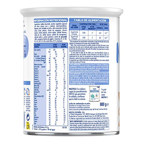 NESTLÉ NATIVA 2 – Leche de continuación en polvo – Fórmula Para bebés - A partir de los 6 meses - 800g