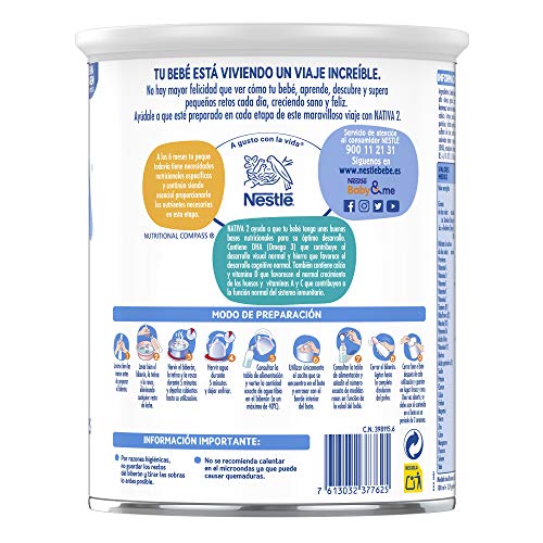 NESTLÉ NATIVA 2 – Leche de continuación en polvo – Fórmula Para bebés - A partir de los 6 meses - 800g NESTLÉ NATIVA 2 – Leche de continuación en polvo – Fórmula Para bebés - A partir de los 6 meses - 800g