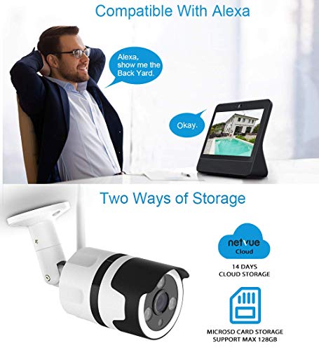 NetVue Camaras de Vigilancia Wifi Exterior 1080P, Compatible con Alexa, Exterior IP66 Resistente al Agua Resistente al Polvo estática con visión Nocturna, vigilancia per LAN & WiFi conexión