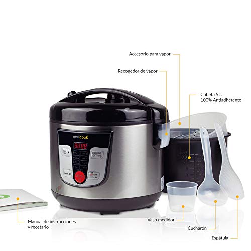 NEWCOOK Robot de Cocina Multifunción, Capacidad 5 Litros, Programable Hasta 24H, Cocina Automáticamente, 8 Menús Preconfigurados y Función Mantener Caliente Hasta 24H. Incluye Cubeta Antiadherente