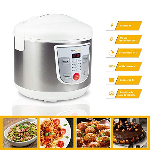 NEWCOOK Robot de Cocina Multifunción, Capacidad 5 Litros, Programable Hasta 24H, Cocina Automáticamente, 8 Menús Preconfigurados y Función Mantener Caliente Hasta 24H. Incluye Cubeta Antiadherente