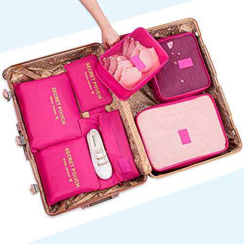 Newdora 7 en 1 Set de Organizador de Equipaje Viaje con Bolsa de Zapato,Impermeable Organizador de Maleta Bolsa para Ropa Sucia de Viaje, Portatrajes de Viaje, Material Nylon, Rosa Newdora 7 en 1 Set de Organizador de Equipaje Viaje con Bolsa de Zapato,Impermeable Organizador de Maleta Bolsa para Ropa Sucia de Viaje, Portatrajes de Viaje, Material Nylon, Rosa