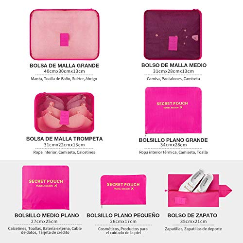 Newdora 7 en 1 Set de Organizador de Equipaje Viaje con Bolsa de Zapato,Impermeable Organizador de Maleta Bolsa para Ropa Sucia de Viaje, Portatrajes de Viaje, Material Nylon, Rosa Newdora 7 en 1 Set de Organizador de Equipaje Viaje con Bolsa de Zapato,Impermeable Organizador de Maleta Bolsa para Ropa Sucia de Viaje, Portatrajes de Viaje, Material Nylon, Rosa