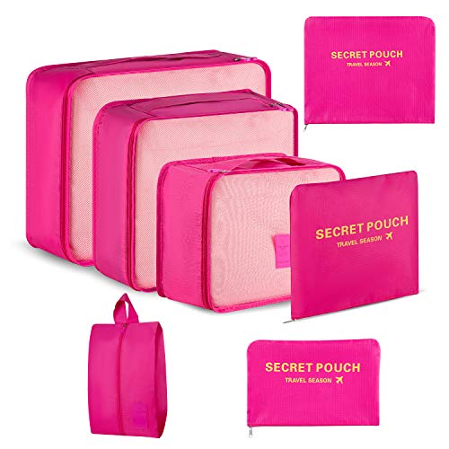 Newdora 7 en 1 Set de Organizador de Equipaje Viaje con Bolsa de Zapato,Impermeable Organizador de Maleta Bolsa para Ropa Sucia de Viaje, Portatrajes de Viaje, Material Nylon, Rosa Newdora 7 en 1 Set de Organizador de Equipaje Viaje con Bolsa de Zapato,Impermeable Organizador de Maleta Bolsa para Ropa Sucia de Viaje, Portatrajes de Viaje, Material Nylon, Rosa