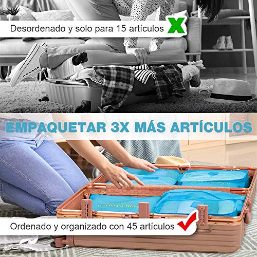 Newdora 7 en 1 Set de Organizador de Equipaje Viaje con Bolsa de Zapato,Impermeable Organizador de Maleta Bolsa para Ropa Sucia de Viaje, Portatrajes de Viaje, Material Nylon, Azul