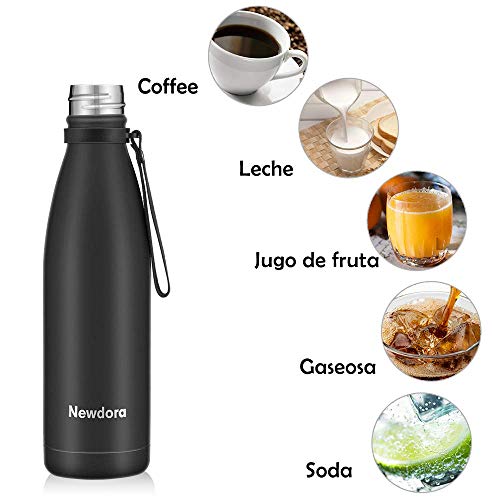 Newdora Botella de Agua Acero Inoxidable 500ml, Aislamiento de Vacío de Doble Pared, Botellas de Frío/Caliente, con 1 un Cepillo de Limpieza, para Niños, Deporte, Oficina, Gimnasio, Ciclismo, Negro