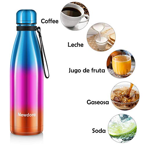 Newdora Botella de Agua Acero Inoxidable 500ml, Aislamiento de Vacío de Doble Pared, Botellas de Frío/Caliente, con 1 un Cepillo de Limpieza, para Niños, Deporte, Oficina, Gimnasio, Ciclismo, Silver