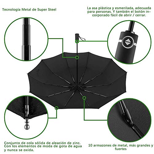 Newdora Paraguas Plegable Automático Negro Impermeable 10 Armazones de Metal Compacto Resistencia contra Viento para Viaje para Hombres y Mujeres