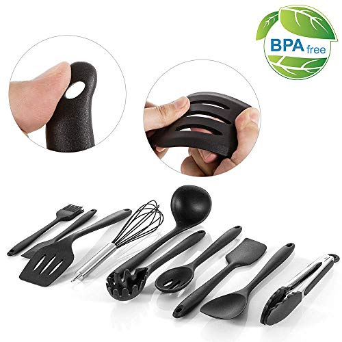 Newdora Utensilios de Cocina de Silicona Resistentes al Calor, 10 Piezas Herramientas antiadherentes para Hornear en la Cocina, Negro