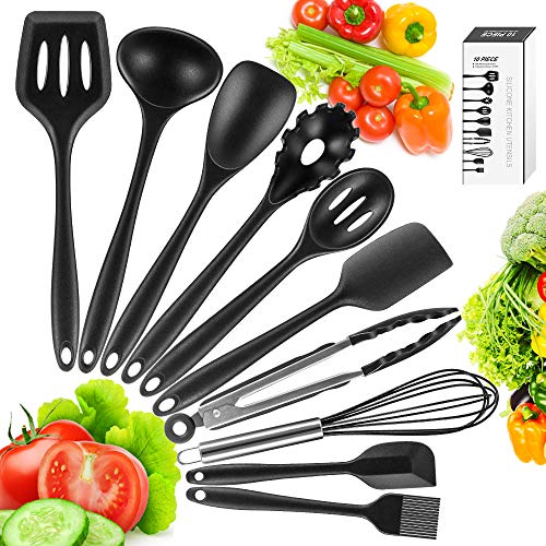 Newdora Utensilios de Cocina de Silicona Resistentes al Calor, 10 Piezas Herramientas antiadherentes para Hornear en la Cocina, Negro