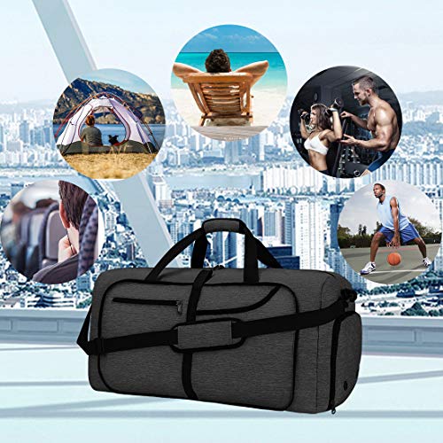 NEWHEY Bolsa de Viaje 65L Plegable Ligera Bolsa Deporte Hombre Impermeable Bolsa Fin de Semana con Compartimento Zapatos para Mujeres Negro