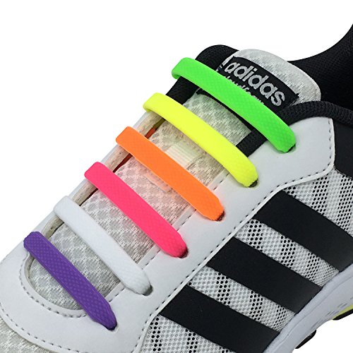 Newkeen 2 pares sin corbata Cordones de zapatos para niños y adultos cordones de zapatos de atletismo atlética de silicona elástico plano de los zapatos del tablero Sneaker boots (White+Mix Color)