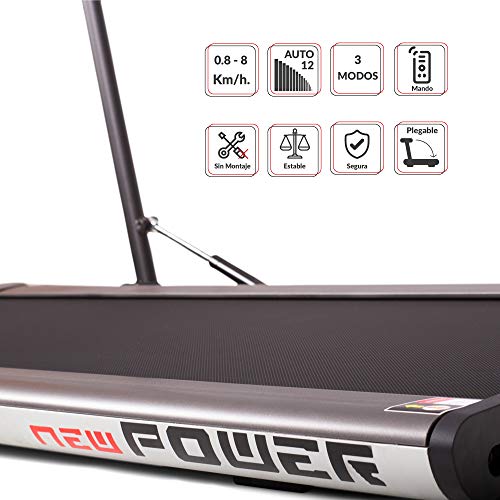 NEWPOWER - Cinta de Andar Eléctrica Plegable Slim (1100W) Ultrafina, hasta 8km/h, 12 Programas Automáticos, 3 Modos (Velocidad, Calorías, Tiempo) y Estructura Aluminio. Sin Montaje. Incluye Mando