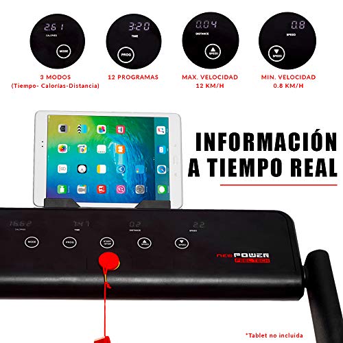 NEWPOWER - Cinta de Correr Eléctrica Plegable FeelTech (1000W) Hasta 12km/h con Soporte para Tablet, Altavoz y Bluetooth. Cinta de Correr con Pantalla LED y 12 Programas. Estable, Segura y Sin Montaje