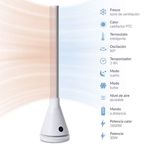 NEWTECK Calefactor Cerámico y Ventilador Dual 365 Blanco, Torre Frío Calor, Temp. Ajustable 1-30ºC, Termostato, Temporizador 8h, Táctil, Mando a Distancia, Oscilante, 4 Niveles Calor y 9 Frío, 1800W