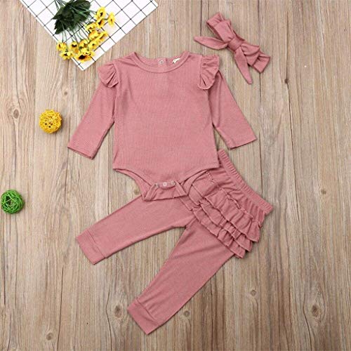 Nfudishpu Conjunto Ropa niños pequeños, Mameluco sólido Manga Mosca niña + Pantalones con borplisado + Diadema con Lazo 3 uds, Ropa Linda Princesa otoño niños