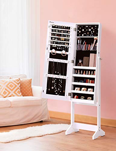 Nicetree Espejo joyero de Pie con Espejo para Joyas. Armario joyero inclinable de Madera con Cerradura. Blanco Grano de Madera. Regalo ideal Nicetree Espejo joyero de Pie con Espejo para Joyas. Armario joyero inclinable de Madera con Cerradura. Blanco Grano de Madera. Regalo ideal