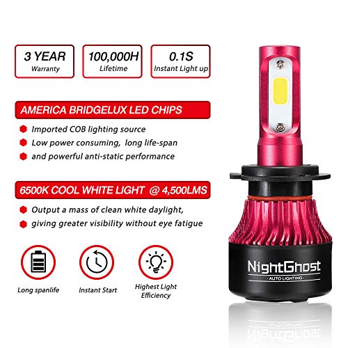 Nightghost 2019 - Juego de bombillas LED para faros delanteros H7 72 W 9000 LM/set 6500 K blanco frío Nightghost 2019 - Juego de bombillas LED para faros delanteros H7 72 W 9000 LM/set 6500 K blanco frío