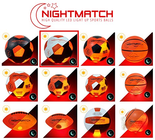 NIGHTMATCH Balón de Fútbol Ilumina Incl. Bomba de balón - LED Interior se Enciende Cuando se patea – Brilla en la Oscuridad - Tamaño 5 - Tamaño y Peso Oficial Blanco/Naranja