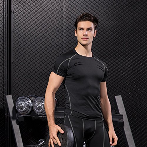 Niksa 2 Piezas Camisetas de Fitness Compresión Ropa Deportiva Manga Corta Hombre para Correr, Ejercicio,Gimnasio Negro Gris+ Azul Marino 1053(L)