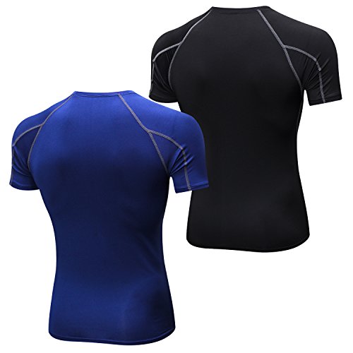 Niksa 2 Piezas Camisetas de Fitness Compresión Ropa Deportiva Manga Corta Hombre para Correr, Ejercicio,Gimnasio Negro Gris+ Azul Marino 1053(L)