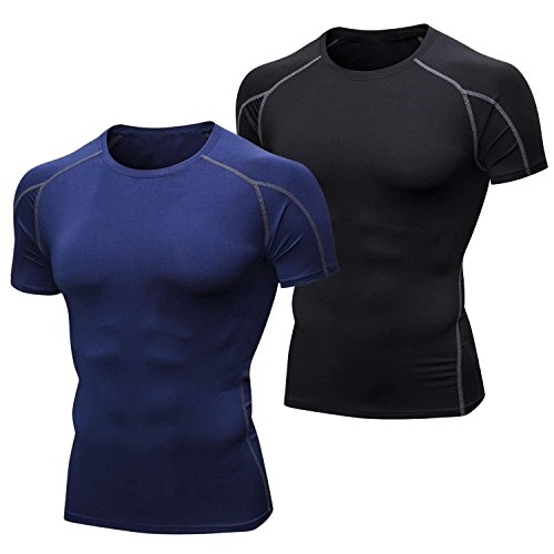 Niksa 2 Piezas Camisetas de Fitness Compresión Ropa Deportiva Manga Corta Hombre para Correr, Ejercicio,Gimnasio Negro Gris+ Azul Marino 1053(L)