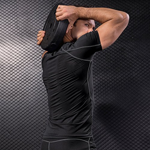 Niksa 2 Piezas Camisetas de Fitness Compresión Ropa Deportiva Manga Corta Hombre para Correr, Ejercicio,Gimnasio Negro Gris+ Azul Marino 1053(L)