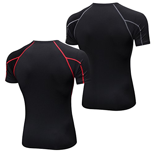 Niksa 2 Piezas Camisetas de Fitness Compresión Ropa Deportiva Manga Corta Hombre para Correr, Ejercicio,Gimnasio Negro Gris+ Negro Rojo 1053(XXL)