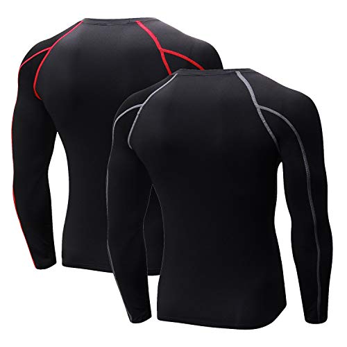 Niksa 2 Piezas Camisetas de Fitness Compresión Ropa Deportiva Manga Larga Hombre para Correr, Ejercicio,Gimnasio 1059 (Large(Fit Chest 37"-39"), (Manga Larga) Negro Gris+Negro Rojo)