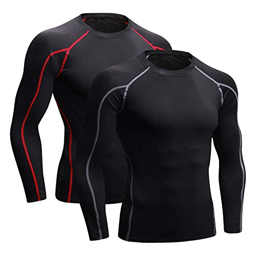 Niksa 2 Piezas Camisetas de Fitness Compresión Ropa Deportiva Manga Larga Hombre para Correr, Ejercicio,Gimnasio 1059 (Small(Fit Chest 34"-36"), (Manga Larga) Negro Gris+Negro Rojo)