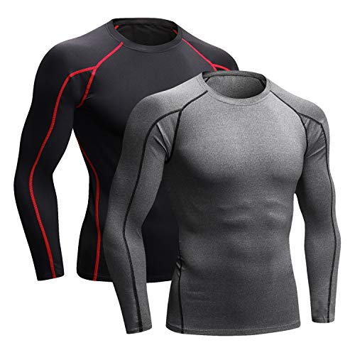 Niksa 2 Piezas Camisetas de Fitness Compresión Ropa Deportiva Manga Larga Hombre para Correr, Ejercicio,Gimnasio 1059 (XX-Large(Fit Chest 40"-42"), (Manga Larga) Gris Negro+Negro Rojo)