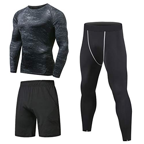 Niksa 3 Piezas Conjunto de Compresion Hombre, Camisetas Compression Mallas Running Pantalon Corto Deporte Ropa Deportiva Hombre para Running, Correr, Gym, Fitness L