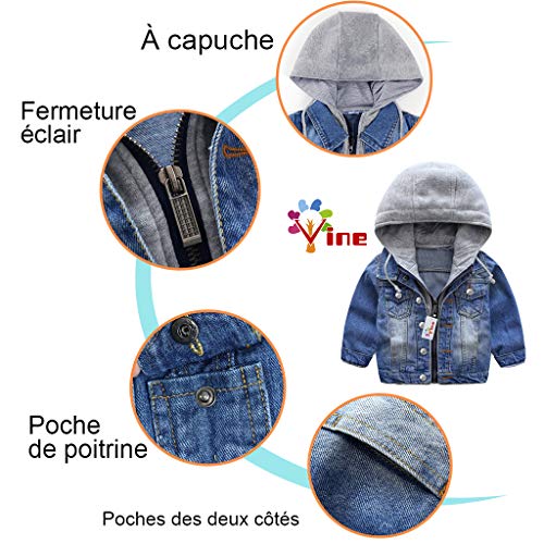 Niño Capucha Chaqueta Vaquera Abrigo Bebé Cazadora Vaquera Niñas Denim Jacket Manga Larga Mezclilla Jacke Trajes De Otoño Invierno Outwear (90cm)