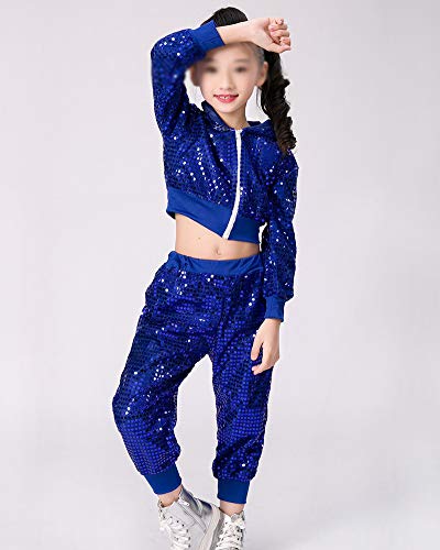 Niños Niñas Lentejuelas Hip Hop Traje De Calle Conjunto De Ropa De Baile Conjunto De Disfraz De Jazz Azul 150