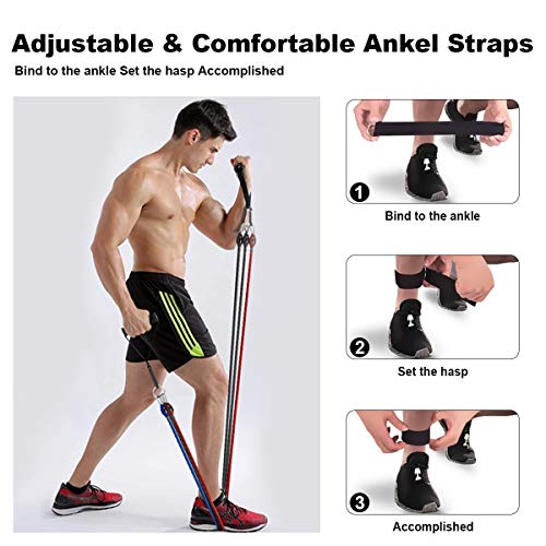 Ninthealth Bandas de Resistencia, Bandas Elasticas Musculacion 150 lbs, 5 Tubos de Látex, con Asas, Correas de Tobillo y Anclaje para Puerta, Kit de Cintas, Adecuado para Fitness Yoga Gimnasio Hogar