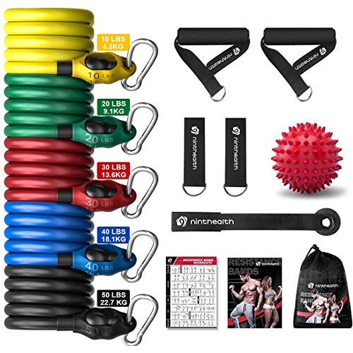 Ninthealth Bandas de Resistencia, Bandas Elasticas Musculacion 150 lbs, 5 Tubos de Látex, con Asas, Correas de Tobillo y Anclaje para Puerta, Kit de Cintas, Adecuado para Fitness Yoga Gimnasio Hogar