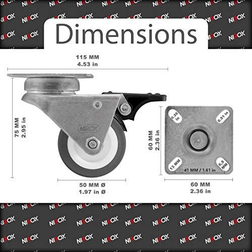 Nirox 4x Ruedas para muebles 50mm - Ruedas giratorias para cargas pesadas 4x con freno - Ruedas industriales altura total 75mm - Ruedas pivotantes hasta 400kg Nirox 4x Ruedas para muebles 50mm - Ruedas giratorias para cargas pesadas 4x con freno - Ruedas industriales altura total 75mm - Ruedas pivotantes hasta 400kg