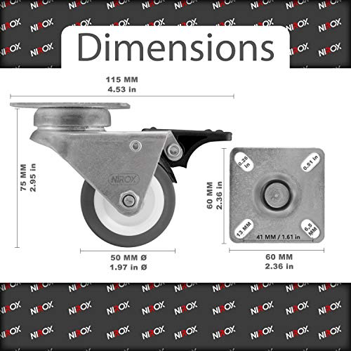 Nirox 4x Ruedas para muebles 50mm - Ruedas giratorias para cargas pesadas 4x con freno - Ruedas industriales altura total 75mm - Ruedas pivotantes hasta 400kg