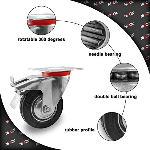 Nirox Juego de 4x Ruedas industriales 125mm - Ruedas giratorias para cargas pesadas con freno - Ruedas para muebles altura total 157mm - Ruedas pivotantes hasta 400kg Nirox Juego de 4x Ruedas industriales 125mm - Ruedas giratorias para cargas pesadas con freno - Ruedas para muebles altura total 157mm - Ruedas pivotantes hasta 400kg
