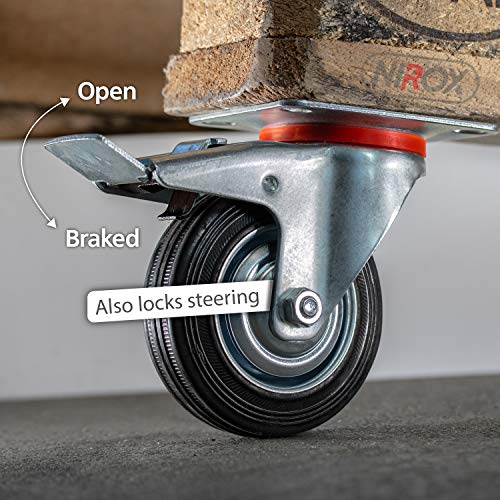 Nirox Juego de 4x Ruedas industriales 125mm - Ruedas giratorias para cargas pesadas con freno - Ruedas para muebles altura total 157mm - Ruedas pivotantes hasta 400kg Nirox Juego de 4x Ruedas industriales 125mm - Ruedas giratorias para cargas pesadas con freno - Ruedas para muebles altura total 157mm - Ruedas pivotantes hasta 400kg
