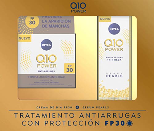 NIVEA Q10 Power Día FP30 1 x 50 ml y Serum Pearls 1 x 40 ml, tratamiento antiarrugas con protección FP30, caja de regalo con crema antiedad y sérum facial