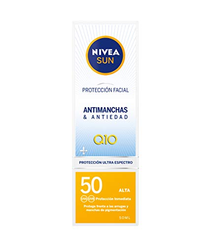 NIVEA SUN Protección Facial UV Anti-edad & Anti-manchas FP50 (1 x 50 ml), protector solar facial, crema antiedad 0% residuos blancos, crema hidratante facial